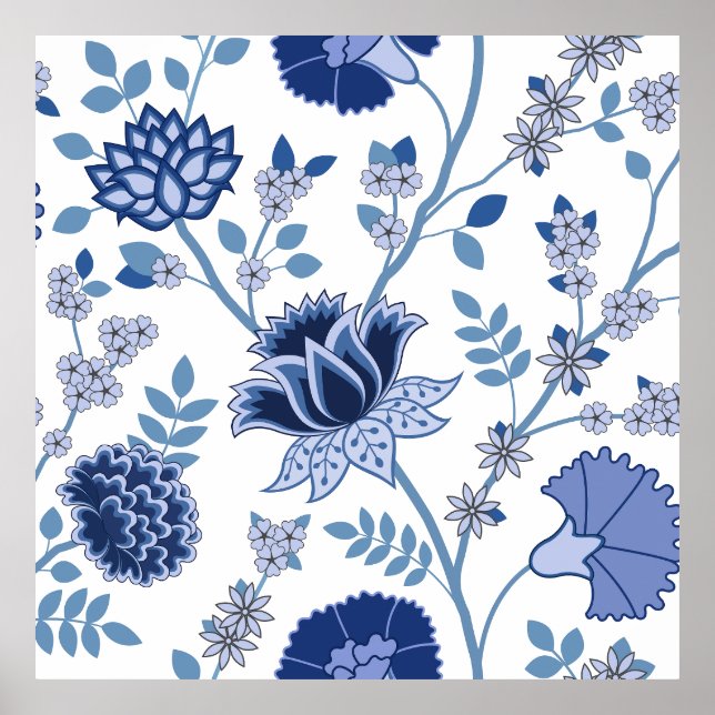 Jacobean Blommigt Lg Mönster Blue on White Poster (Framsidan)