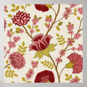 Jacobean Blommigt Lg Mönster  Pinks Guld Cream Poster