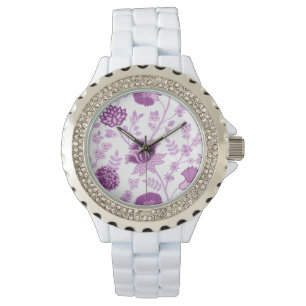 Jacobean Blommigt Lg Mönster Pinks on White Armbandsur