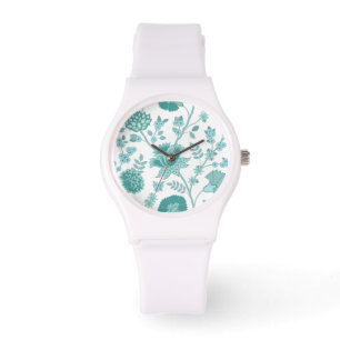 Jacobean Blommigt Lg Mönster Teals on White Armbandsur
