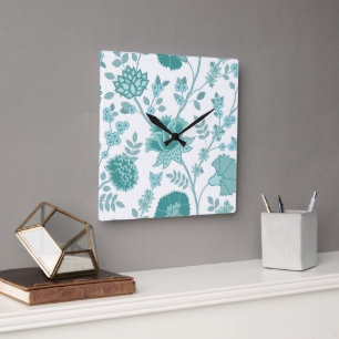 Jacobean Blommigt Lg Mönster Teals on White Fyrkantig Klocka