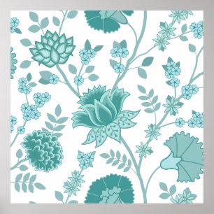Jacobean Blommigt Lg Mönster Teals on White Poster