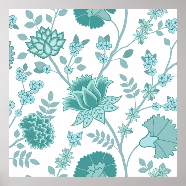 Jacobean Blommigt Lg Mönster Teals on White Poster (Framsidan)