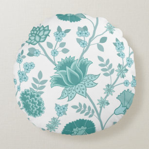Jacobean Blommigt Lg Mönster Teals on White Rund Kudde