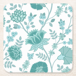 Jacobean Blommigt Lg Mönster Teals on White Underlägg Papper Kvadrat