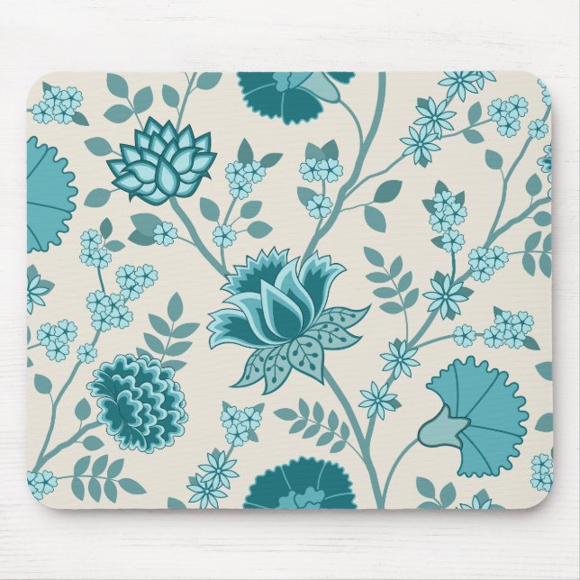 Jacobean Blommigt Lg Mönster Teals på Cream Musmatta (Framsidan)