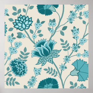 Jacobean Blommigt Lg Mönster Teals på Cream Poster
