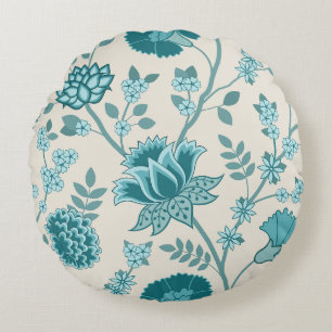 Jacobean Blommigt Lg Mönster Teals på Cream Rund Kudde