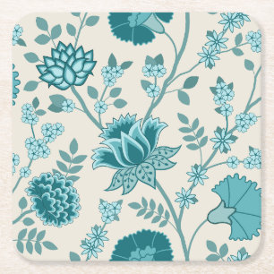 Jacobean Blommigt Lg Mönster Teals på Cream Underlägg Papper Kvadrat