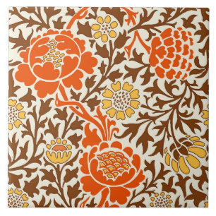 Jacobean Blommigt , Orange Brown & Mustard Guld Kakelplatta
