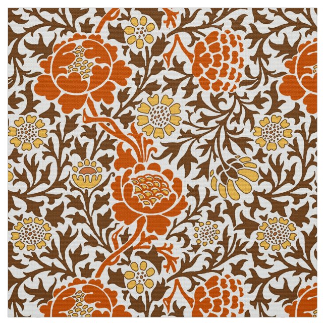 Jacobean Blommigt , Orange Brown & Mustard Guld Tyg (Provkarta)
