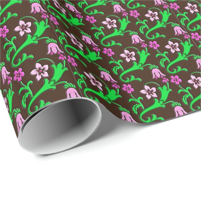 Jacobean blommigt - rosa, grönt, choklad presentpapper (Rullad Hörn)