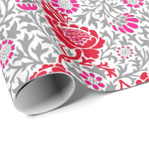 Jacobean Blommigt Tapet, Deep Red, Rosa och Grått Presentpapper