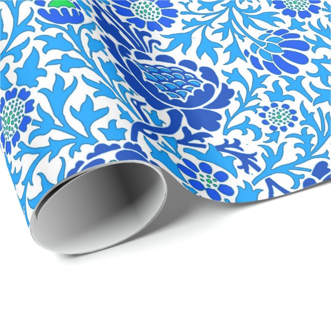 Jacobean Blommigt Tapet, flottan och Cerulean Blue Presentpapper (Rullad Hörn)