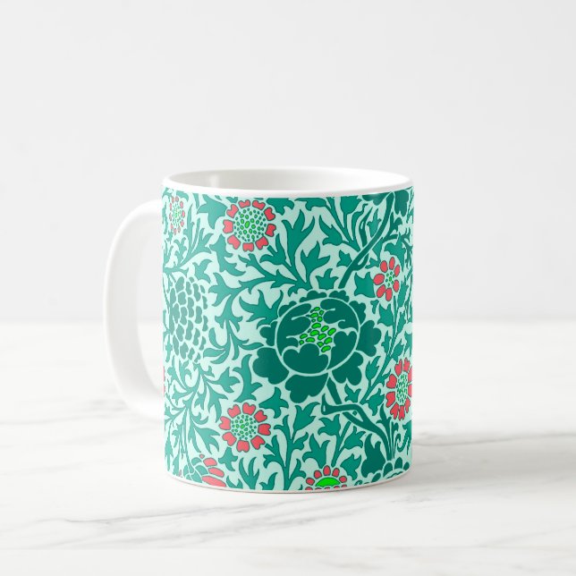 Jacobean Blommigt, Turquise, Aqua och Coral Kaffemugg (Framsida vänster)