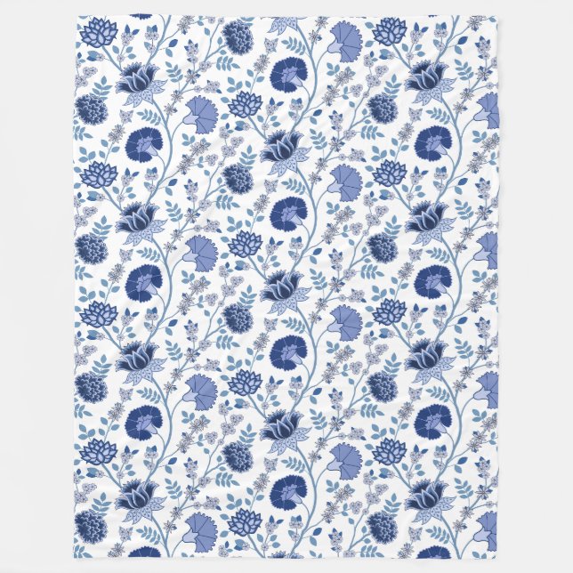 Jacobean Blommönster Blue on White Fleecefilt (Framsidan)