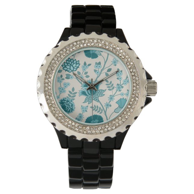 Jacobean Blommönster Teals on Cream Armbandsur (Framsida)