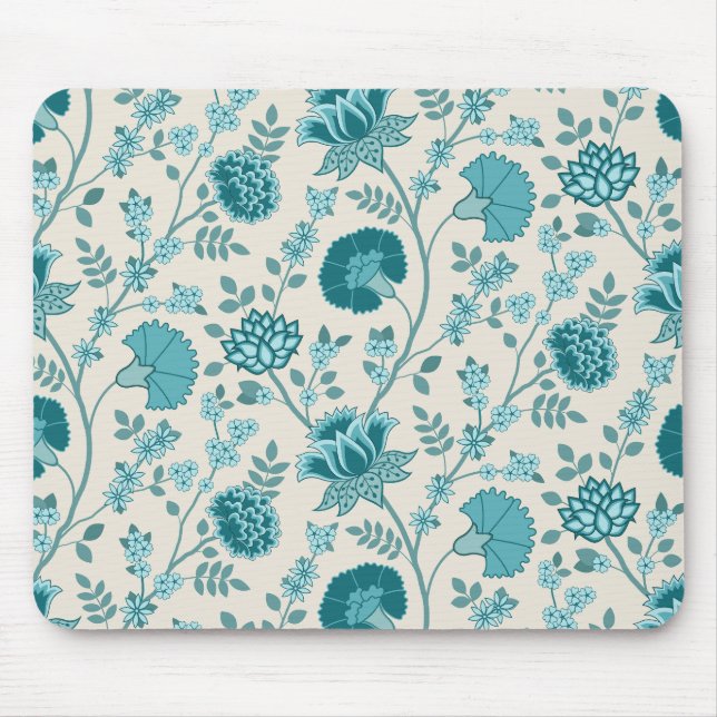 Jacobean Blommönster Teals on Cream Musmatta (Framsidan)
