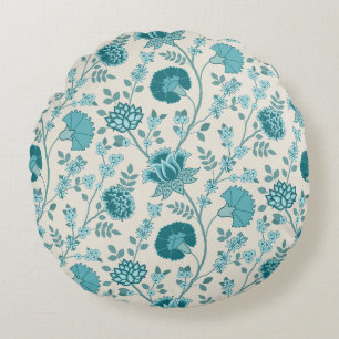 Jacobean Blommönster Teals on Cream Rund Kudde