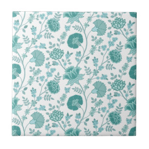 Jacobean Blommönster Teals on White Kakelplatta