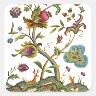 Jacobean Crewel Embroidery Livets träd Fyrkantigt Klistermärke