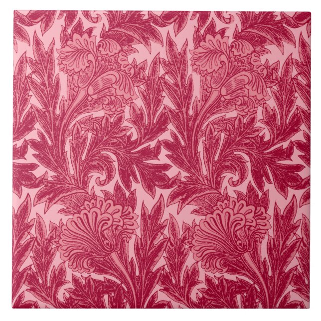 Jacobean Flower Damask, Fuchsia och Ljus rosa Kakelplatta (Framsidan)