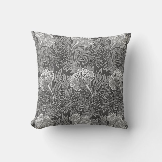Jacobean Flower Damask, Grått/Grått och White Kudde (Framsida)