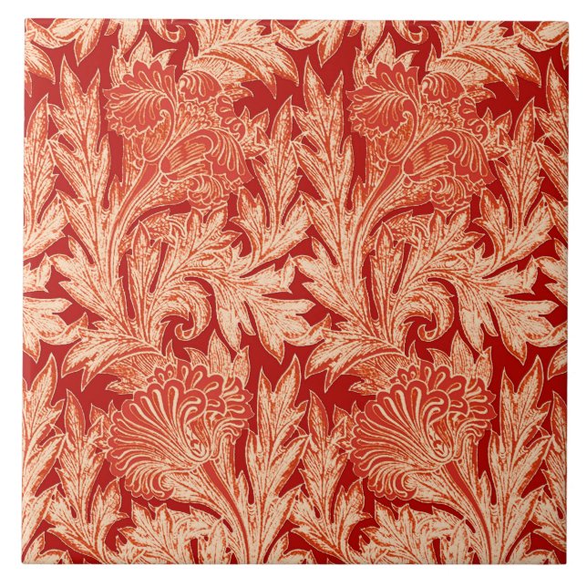 Jacobean Flower Damask, Mandarin och Light Orange Kakelplatta (Framsidan)
