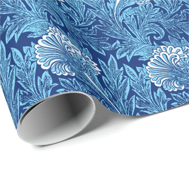 Jacobean Flower Damask, Navy, Himlar Blue and Whit Presentpapper (Rullad Hörn)