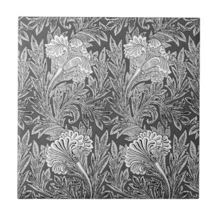Jacobean Flower Damask, Silver Grått och White Kakelplatta