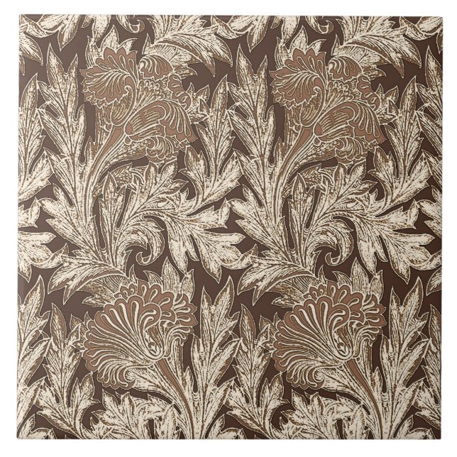 Jacobean Flower Damask, Taupe Tan och Cream Kakelplatta (Framsidan)