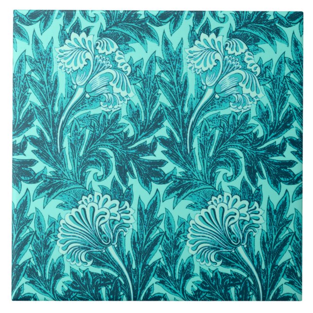 Jacobean Flower Damask, Turquise och Teal Blue Kakelplatta (Framsidan)