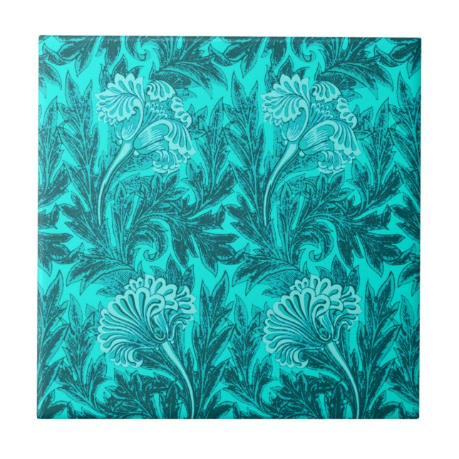 Jacobean Flower Damask, Turquise Teal och Aqua  Kakelplatta (Framsidan)
