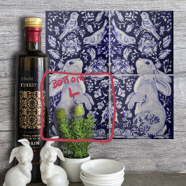 Jacobean Rabbit Birds Flowers Blue White Grund L Kakelplatta