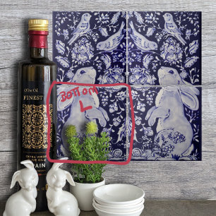 Jacobean Rabbit Birds Flowers Blue White Grund L Kakelplatta