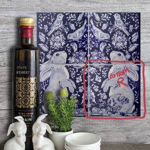 Jacobean Rabbit Birds Flowers Blue White Grund R Kakelplatta