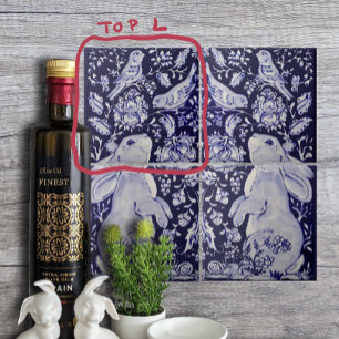 Jacobean Rabbit Birds Flowers Blue White Top L Kakelplatta