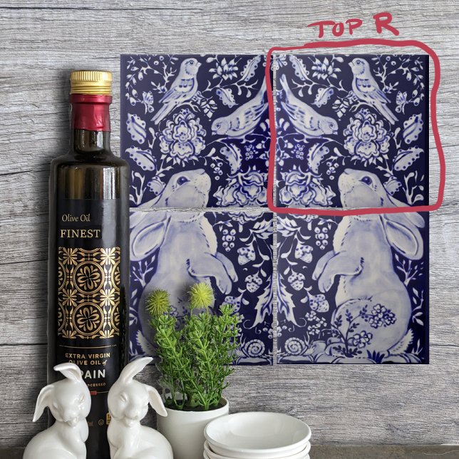 Jacobean Rabbit Birds Flowers Blue White Top R Kakelplatta (Skapare uppladdad)