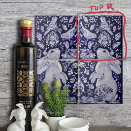 Jacobean Rabbit Birds Flowers Blue White Top R Kakelplatta
