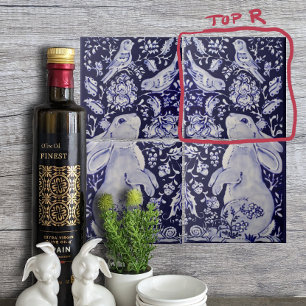 Jacobean Rabbit Birds Flowers Blue White Top R Kakelplatta