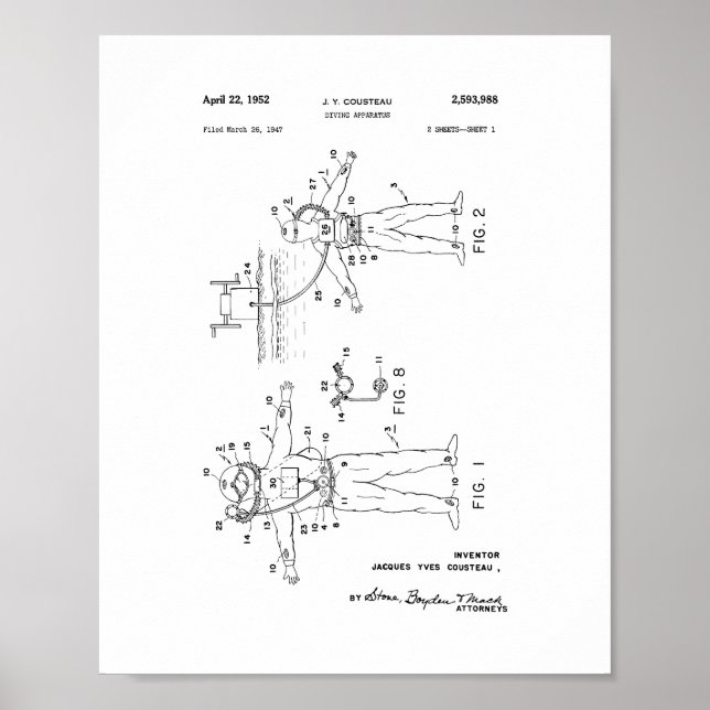 Jacques Cousteau Diving Apparatus Patent Poster (Framsidan)