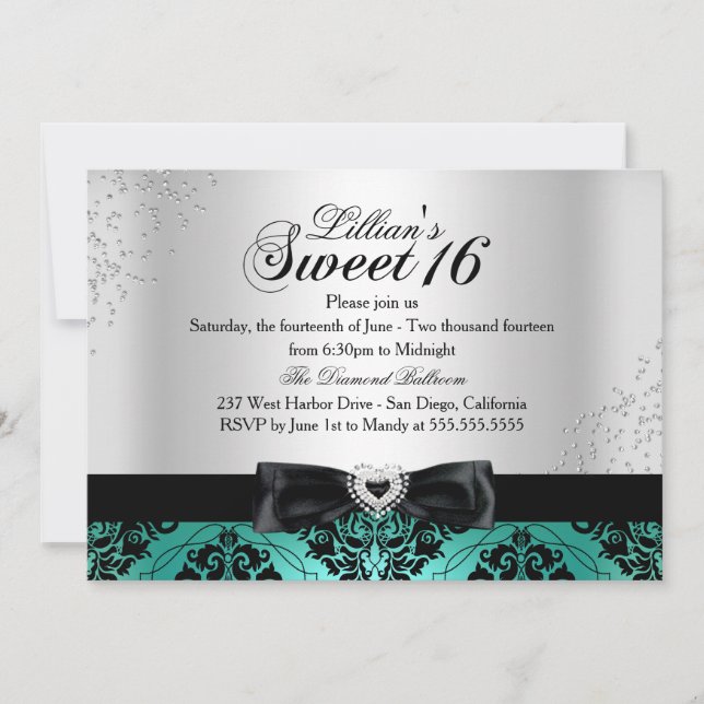 Jade Black Damask Glitter Sweet 16 Inbjudan (Framsida)