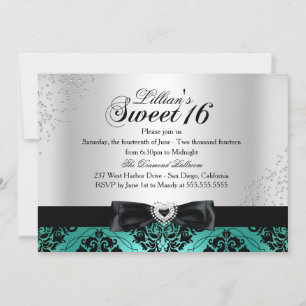 Jade Black Damask Glitter Sweet 16 Inbjudan