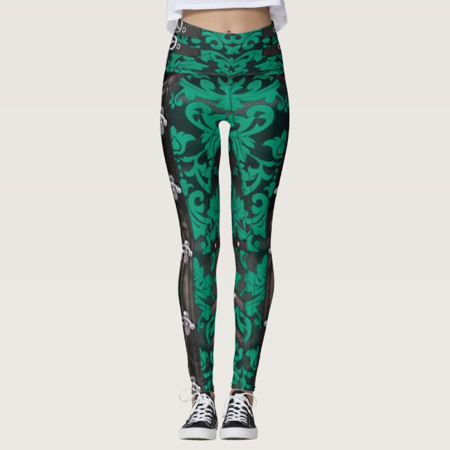 Jade Blommigt Victorian Steampunk Spandex Leggings (Framsida)