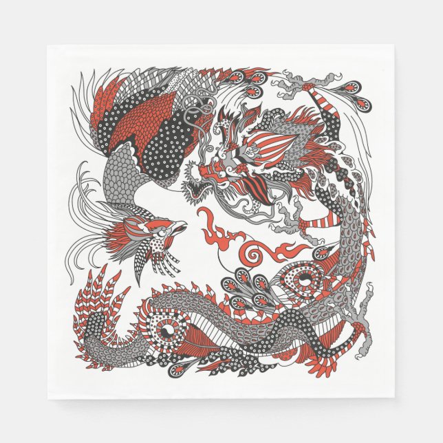 Jade Dragon and Gold Phoenix playing with a pearl  Pappersservett (Framsidan)