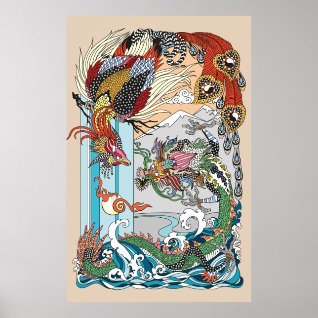 Jade Dragon and Gold Phoenix playing with a pearl  Poster (Framsidan)