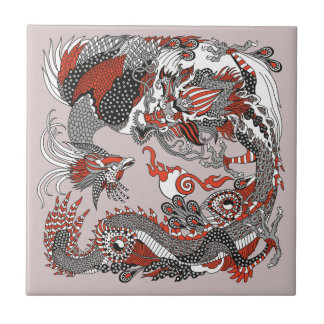 Jade Dragon och Guld Phoenix leker med pärlor  Kakelplatta