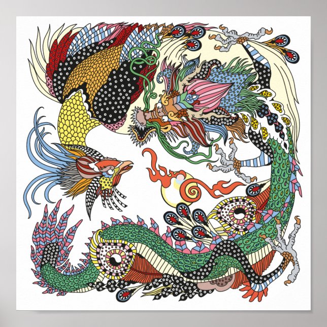 Jade Dragon och Guld Phoenix leker med pärlor Poster (Framsidan)