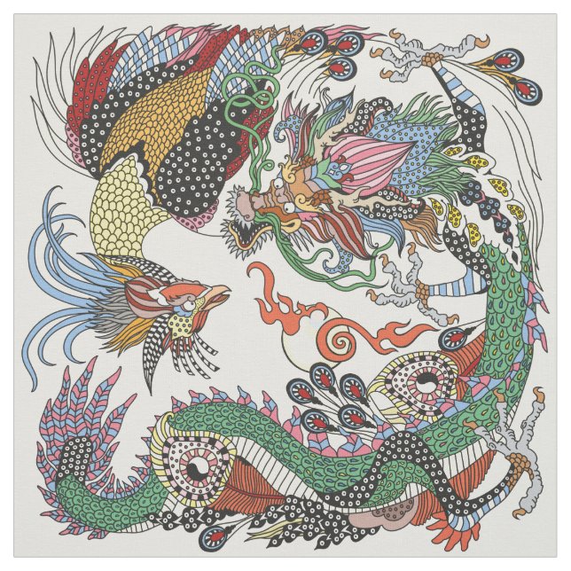 Jade Dragon och Guld Phoenix leker med pärlor Tyg (Provkarta)