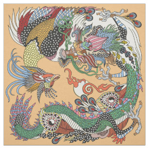 Jade Dragon och Guld Phoenix leker med pärlor Tyg